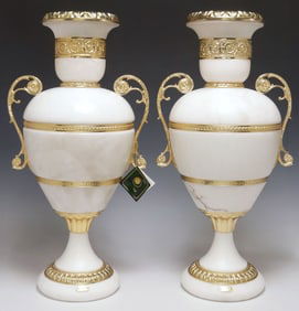 (2) LARGE SOHER NEOCLASSICAL STYLE ORMOLU-MOUNTED ALABASTER URNS