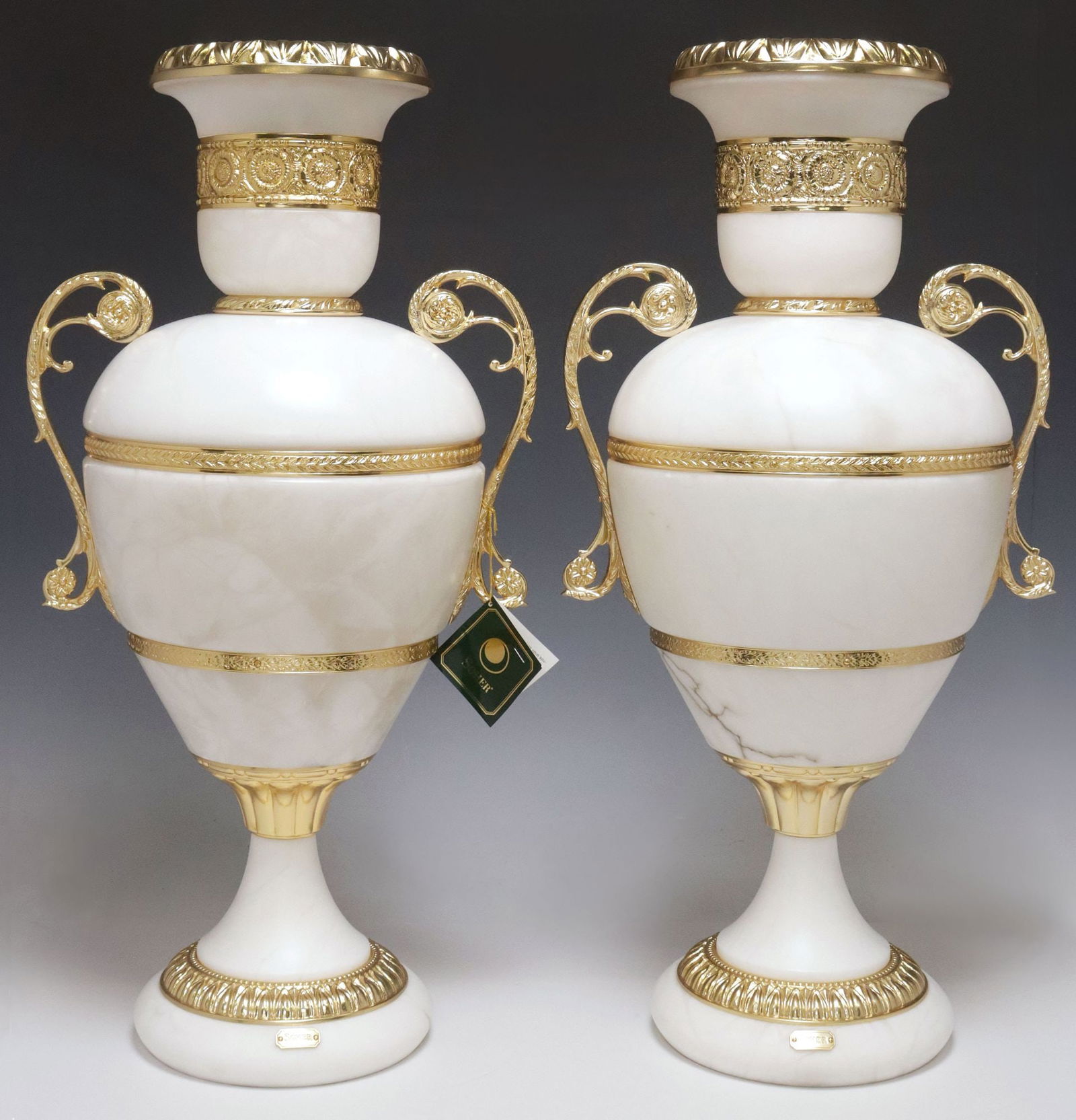 (2) LARGE SOHER NEOCLASSICAL STYLE ORMOLU-MOUNTED ALABASTER URNS (1 of 5)