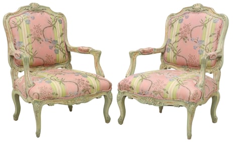 (2) LOUIS XV STYLE PAINTED & UPHOLSTERED FAUTEUILS
