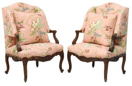 (2) ROCOCO STYLE BRUNSCHWIG & FILS UPHOLSTERED WING ARMCHAIRS
