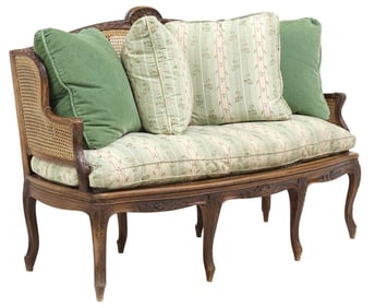 FRENCH PROVINCIAL LOUIS XV STYLE CANED WALNUT SETTEE