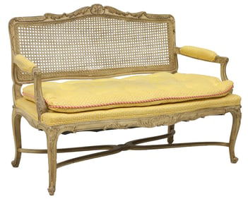 LOUIS XV STYLE PAINTED CANE-BACK UPHOLSTERED SALON SETTEE