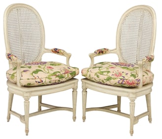(2) FRENCH LOUIS XVI STYLE CANED & UPHOLSTERED FAUTEUILS