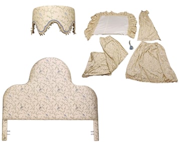 CUSTOM KING-SIZED SILK-UPHOLSTERED HEADBOARD & CANOPY VALENCE