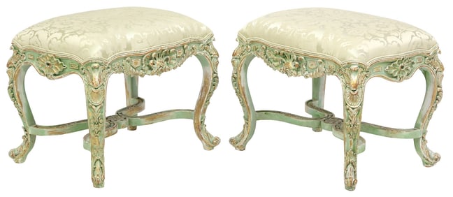 (2) LOUIS XV STYLE GREEN-PAINTED & PARCEL-GILT TABOURETS