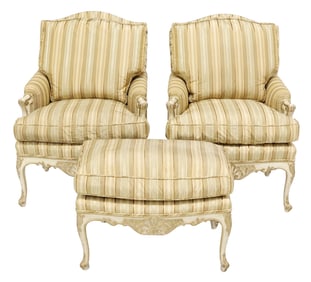 (3) LOUIS XV STYLE SATIN UPHOLSTERED BERGERES & OTTOMAN