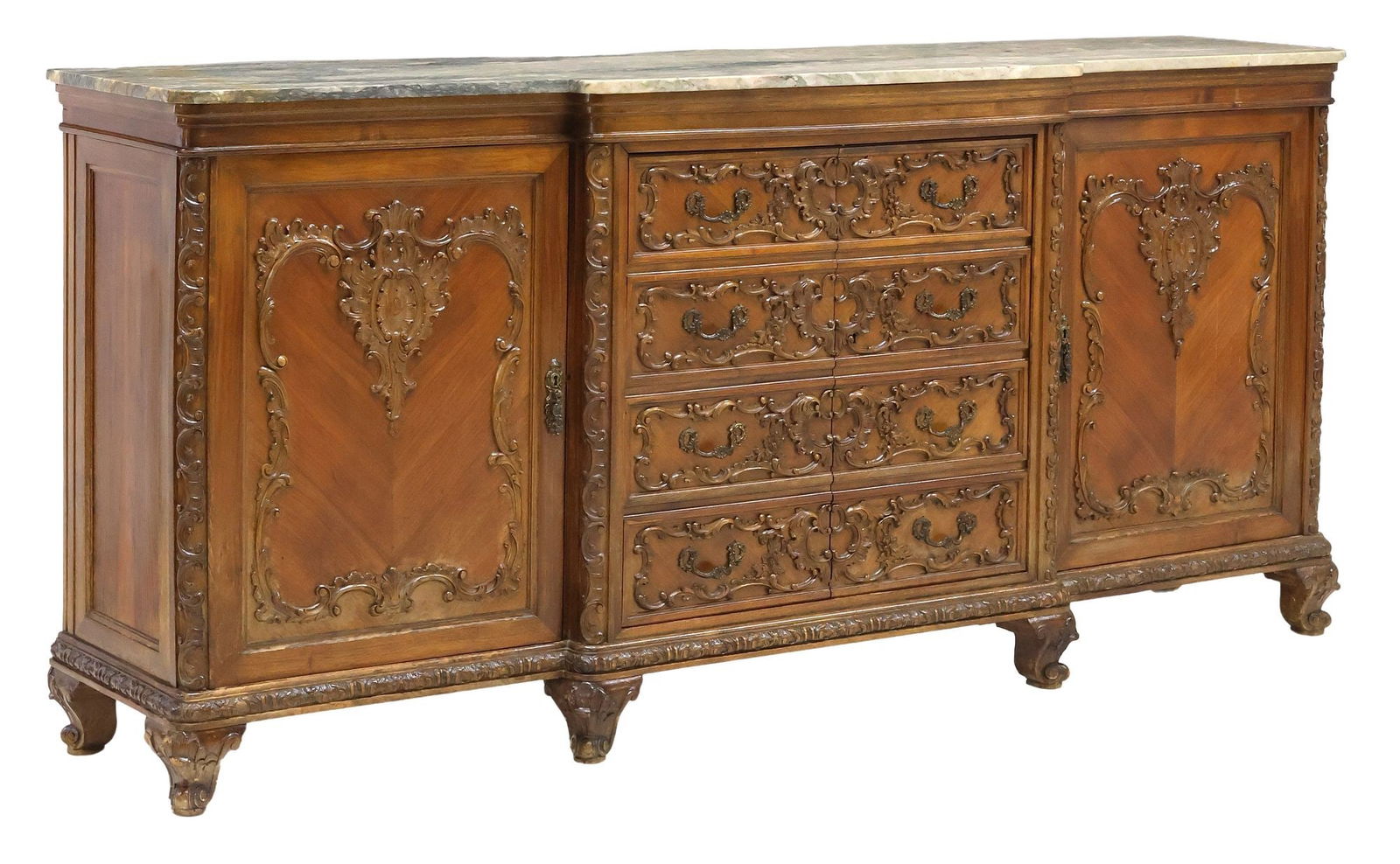 ROCOCO STYLE MARBLE-TOP MAHOGANY BREAKFRONT SIDEBOARD (1 of 5)