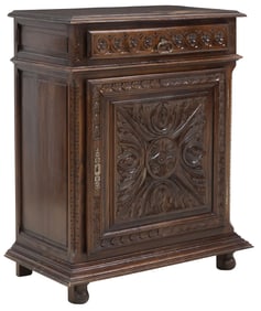 FRENCH PROVINCIAL CARVED OAK CONFITURIER CABINET, 19TH C.