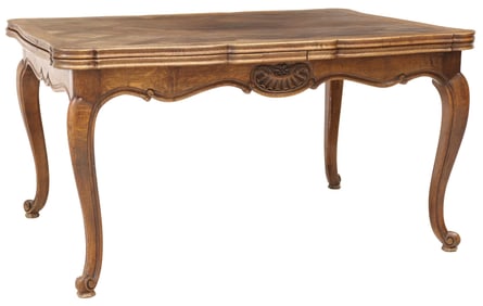 FRENCH PROVINCIAL LOUIS XV STYLE PARQUETRY DRAW-LEAF DINING TABLE