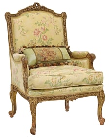 FRENCH LOUIS XV STYLE UPHOLSTERED GILTWOOD BERGERE