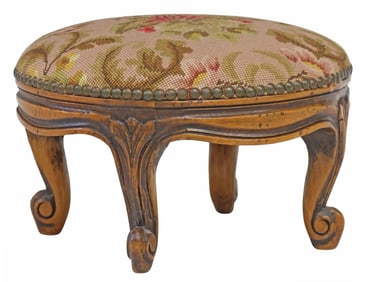 VICTORIAN NEEDLEPOINT UPHOLSTERED WALNUT FOOTSTOOL