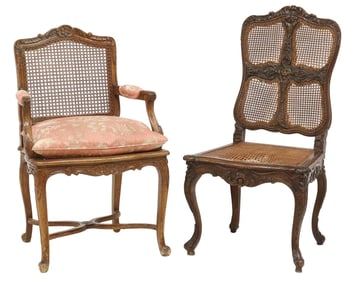 (2) FRENCH LOUIS XV STYLE CANE FAUTEUIL & SIDE CHAIR