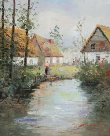 SIGNED MORGAN OIL PAINTING, IMPRESSIONIST EUROPEAN VILLAGE, 24" X 20"