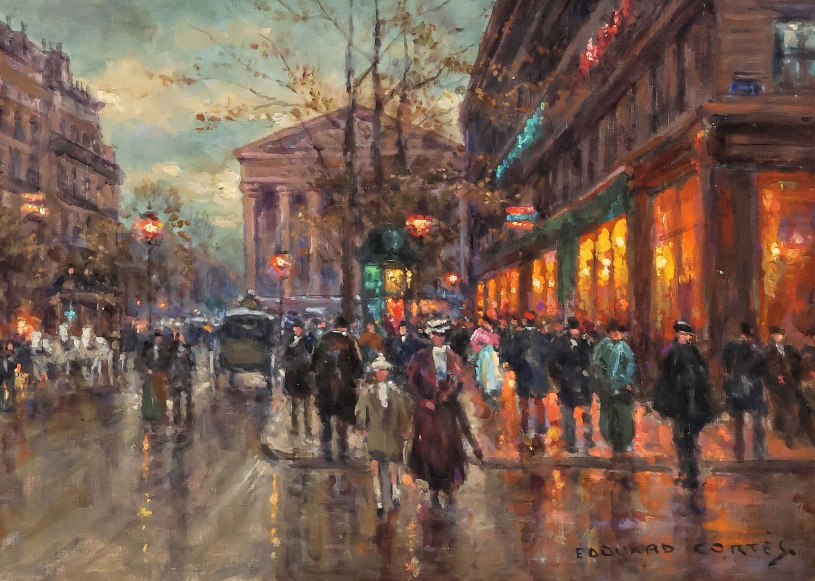 AFTER EDOUARD CORTES (1882-1969) PLACE DE LA MADELEINE, 13" X 18": Framed oil on canvas painting, Place de la Madeleine, Paris, signed spuriously lower right Edouard Cortes (Edouard Leon Cortes, French, 1882-1969), verso canvas inscribed EC/ LR1024, sight: appro