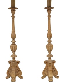 (2) BAROQUE STYLE CARVED WOOD CANDLE PRICKET 2-LT FLOOR LAMPS