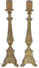 (2) LARGE BAROQUE STYLE PARCEL GILT CANDLE PRICKET 1-LT TABLE LAMPS