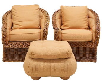 (3) PETER ROCCHIA FOR WICKER WORKS (ATTRIB.) PATIO LOUNGE CHAIRS & OTTOMAN