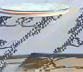 ITALIAN VOLCANIC STONE & GLASS-TOP WROUGHT IRON PATIO TABLE