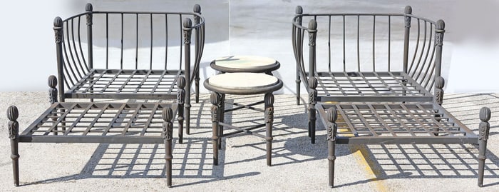(6) MURRAY'S IRON WORKS (ATTRIB.) 'CONCORD' PATIO LOUNGE CHAIRS & TABLES