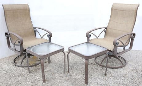 (4) WINSTON (ATTRIB.) 'PALAZZO SLING' OUTDOOR SWIVEL CHAIRS & SIDE TABLES