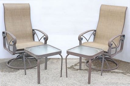 (4) WINSTON (ATTRIB.) 'PALAZZO SLING' OUTDOOR SWIVEL CHAIRS & SIDE TABLES