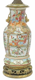 LARGE CHINESE CANTON ROSE PORCELAIN VASE TABLE LAMP, 38"H