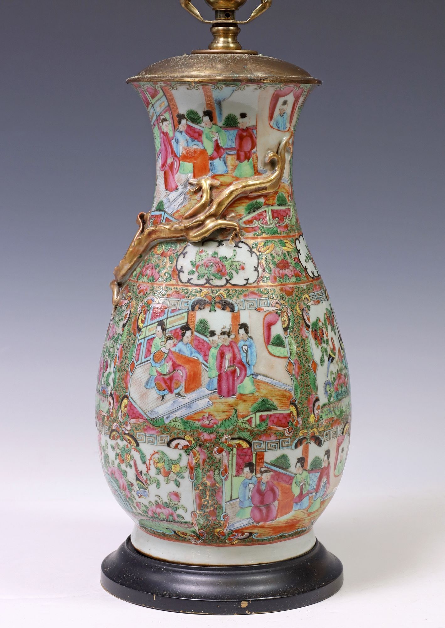 CHINESE CANTON ROSE PORCELAIN BALUSTER VASE TABLE LAMP (1 of 5)