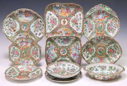 (10) CHINESE CANTON ROSE ASSEMBLED PORCELAIN DISHES & PLATES