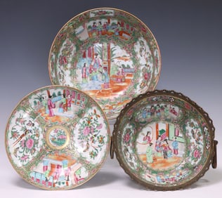 (3) CHINESE CANTON ROSE ENAMELED PORCELAIN CENTER BOWLS & COMPOTE