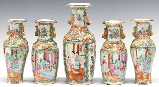(5) CHINESE CANTON PARCEL GILT FAMILLE ROSE PORCELAIN VASES