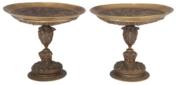 (2) NEOCLASSICAL STYLE PATINATED METAL TAZZA WITH ALLEGORICAL RELIEFS