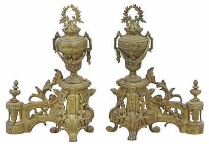(2) LOUIS XVI STYLE GILT METAL FIREPLACE ANDIRONS / CHENETS