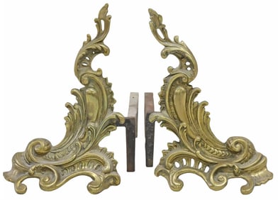 (2) FRENCH LOUIS XV STYLE BRASS ROCAILLE ANDIRONS