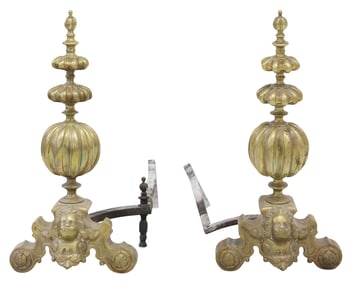 (2) LARGE CONTINENTAL BAROQUE STYLE GILT METAL FIREPLACE ANDIRONS