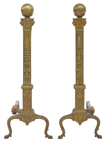 (2) LOUIS XVI STYLE GILT METAL FIREPLACE ANDIRONS / CHENETS