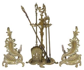 (LOT) LOUIS XV STYLE GILT METAL FIREPLACE CHENETS & TOOL SET
