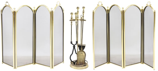 (LOT) TWO GILT METAL FOLDING FIREPLACE SCREENS & TOOL SET