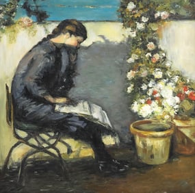ITALIAN SCHOOL PAINTING GIRL READING IN A GARDEN