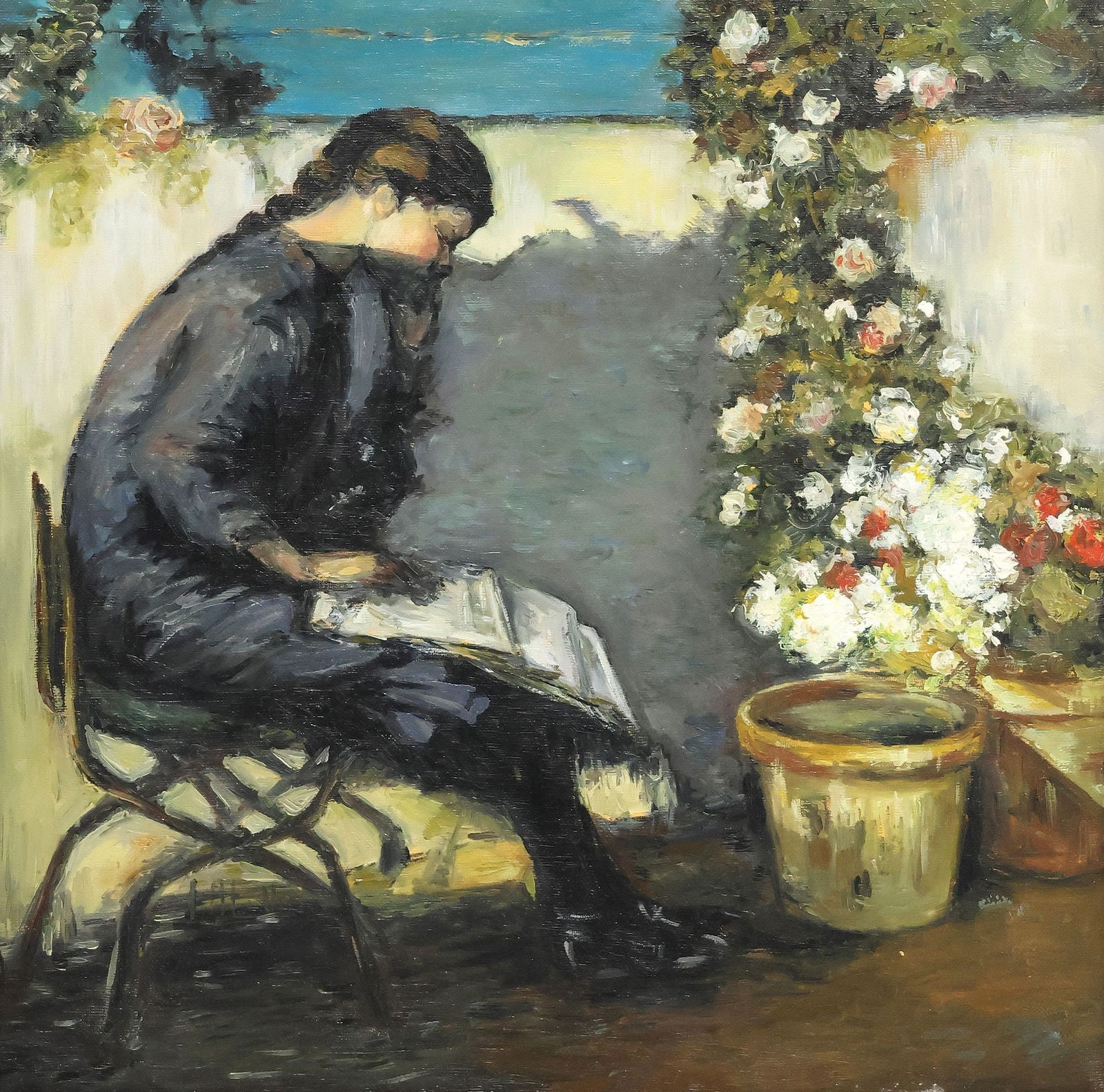 ITALIAN SCHOOL PAINTING GIRL READING IN A GARDEN (1 of 4)