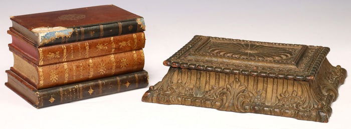 (2) FRENCH BOOK-FORM TANTALUS SET & BAROQUE STYLE TABLE BOX