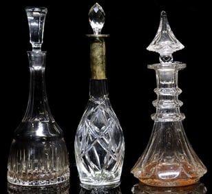 (3) LARGE CUT-CRYSTAL DECANTERS, 1 METAL COLLAR