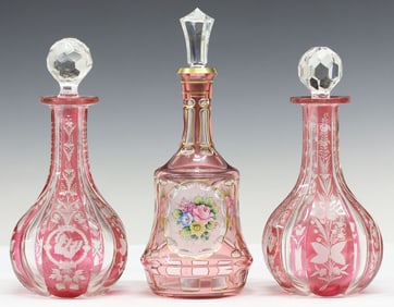 (3) COLLECTION OF CRANBERRY CUT-TO-CLEAR DECANTERS, 1 BOHEMIAN