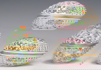 (3) HEREND HAND-PAINTED PORCELAIN RETICULATED  BOXES