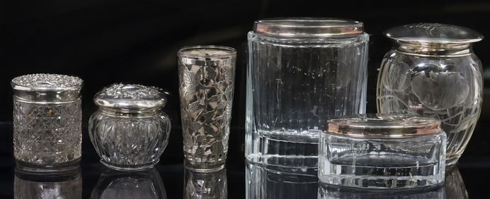 (6) GLASS DRESSER JARS WITH STERLING SILVER COVERS