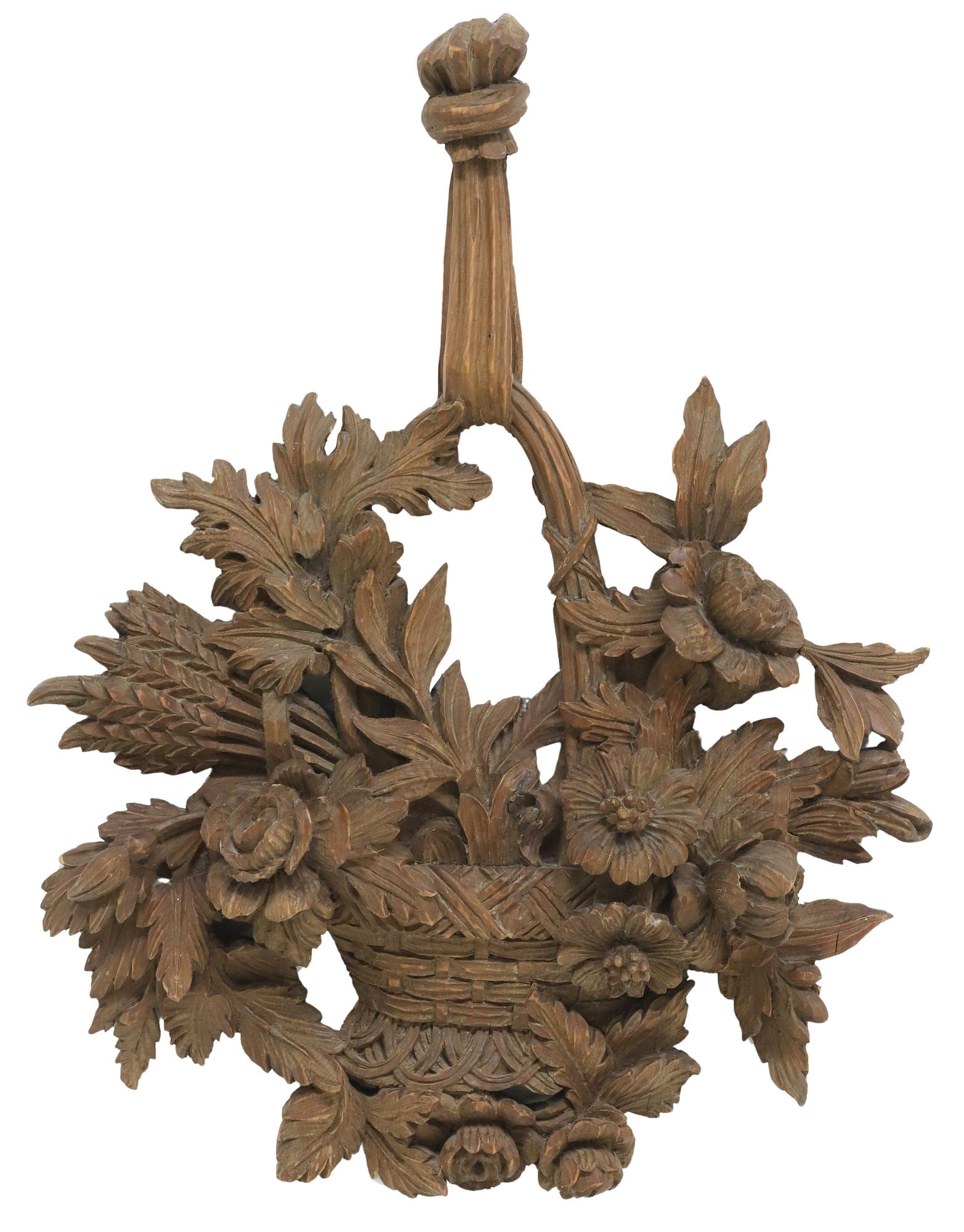LOUIS XVI STYLE ARCHITECTURAL CARVED WOOD WALL ORNAMENT: Louis XVI style carved wood architectural wall ornament, modeled as a woven basket, adorned with sheaths of wheat, foliates, and blooming flowers, approx 22"h, 16"w, 3lbs **Provenance: From the Byram 