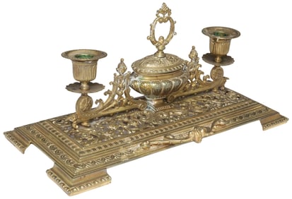 CONTINENTAL GILT METAL DESK SET WITH INKWELL & CANDLE HOLDERS