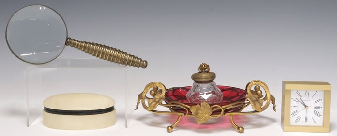DESK ITEMS: INKSTAND, TIFFANY & COMPANY CLOCK, MAGNIFYING GLASS, & ALABASTER BOX