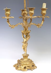 LOUIS XV STYLE ORMOLU CANDELABRA CONVERTED TO BOUILLOTTE TABLE LAMP