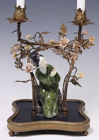 CHINOISERIE FIGURAL PORCELAIN & PATINATED METAL 2-LIGHT TABLE LAMP