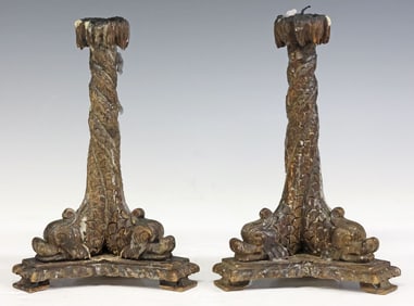 (2) CARVED OAK FIGURAL FRENCH DOLPHIN TWIST CANDLESTICKS